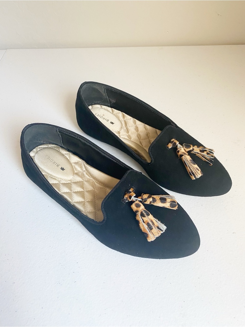 Birdies Blackbird Flats Black Suede Cheetah-Print Tassel Loafers Size 6